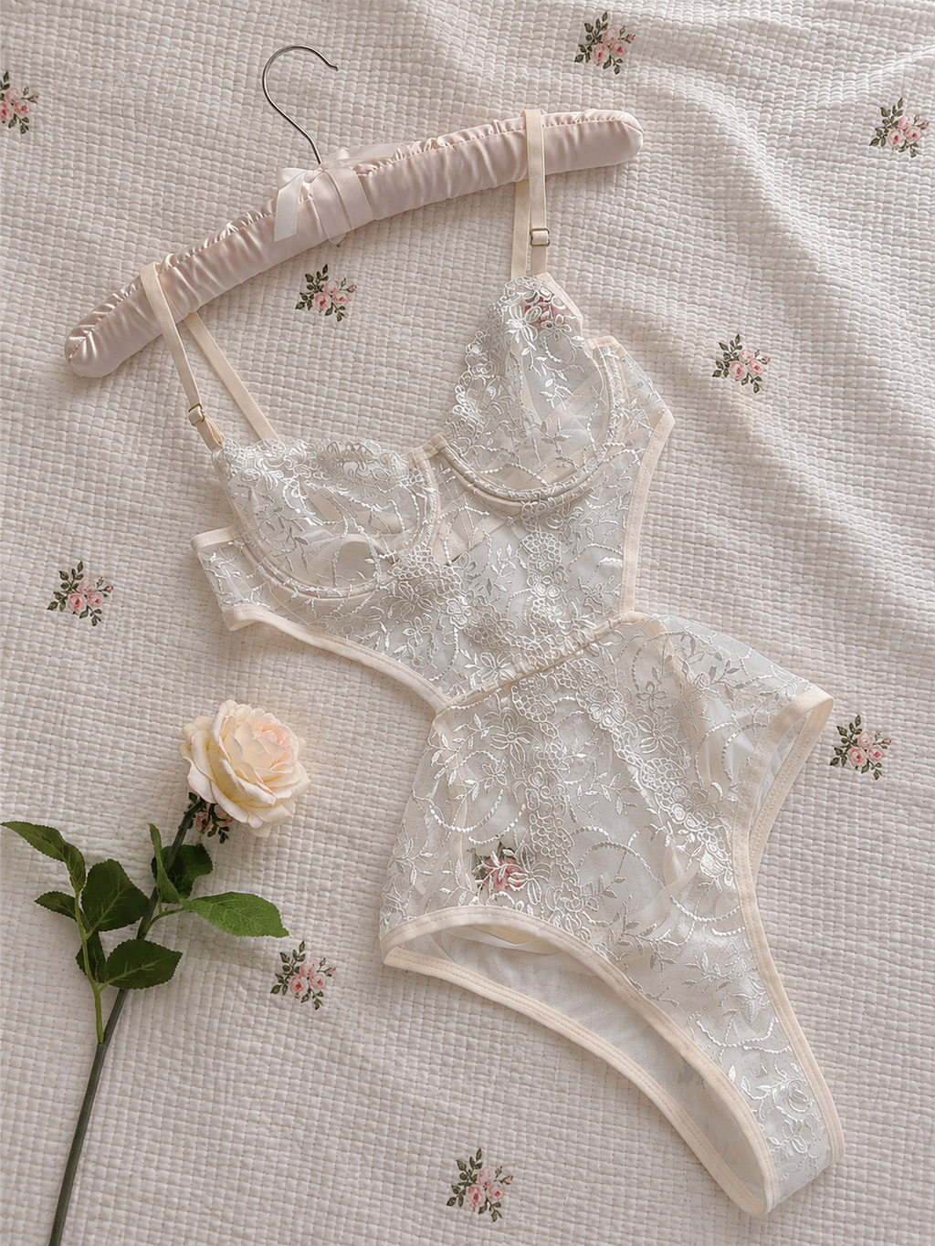Çiçek İşlemeli Transparan Bodysuit