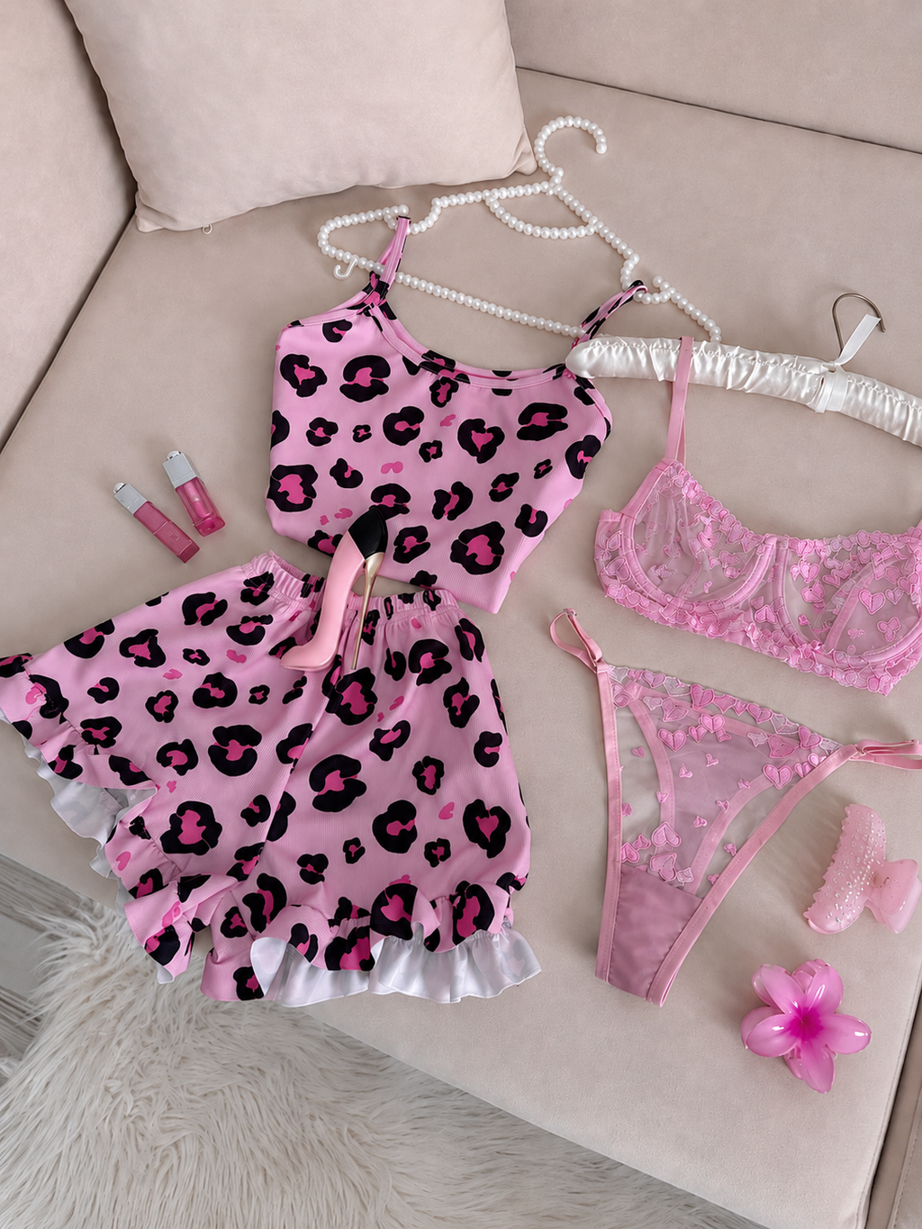 Pembe Leopar Desenli Set