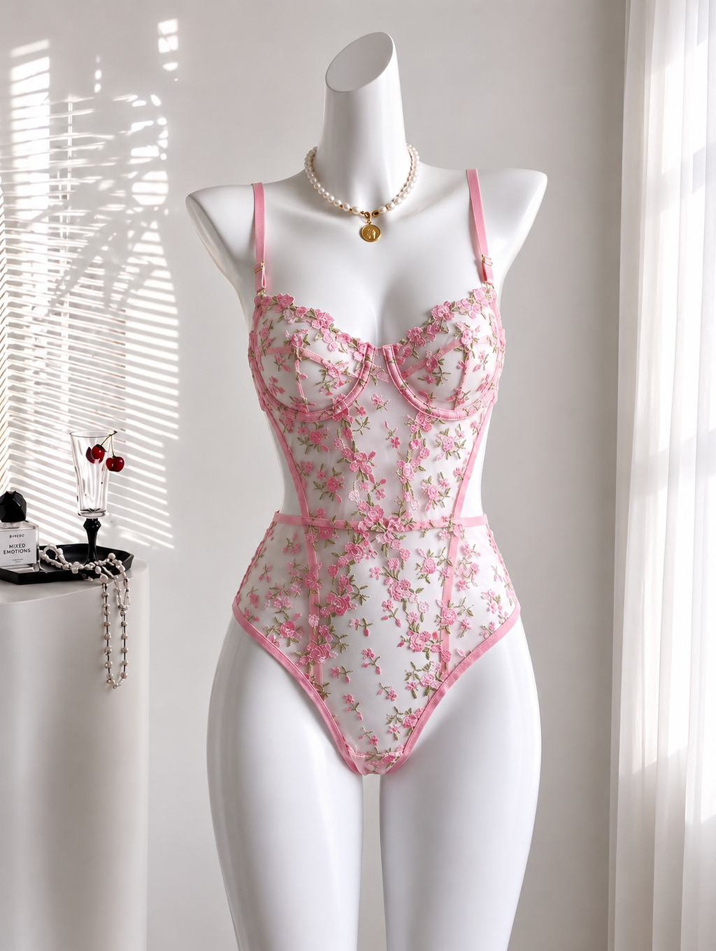 Çiçek İşlemeli Transparan Bodysuit
