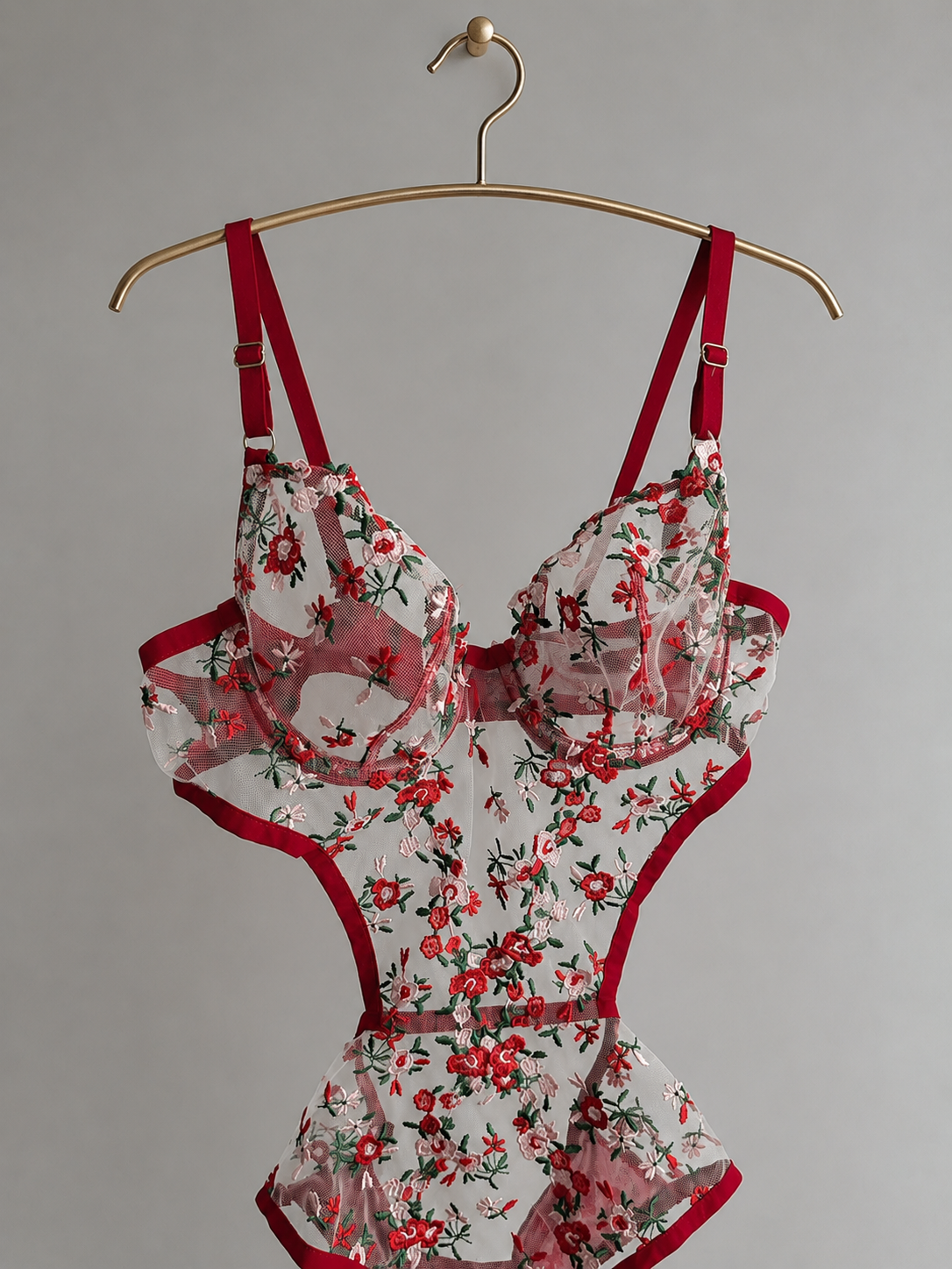 Çiçek İşlemeli Transparan Bodysuit