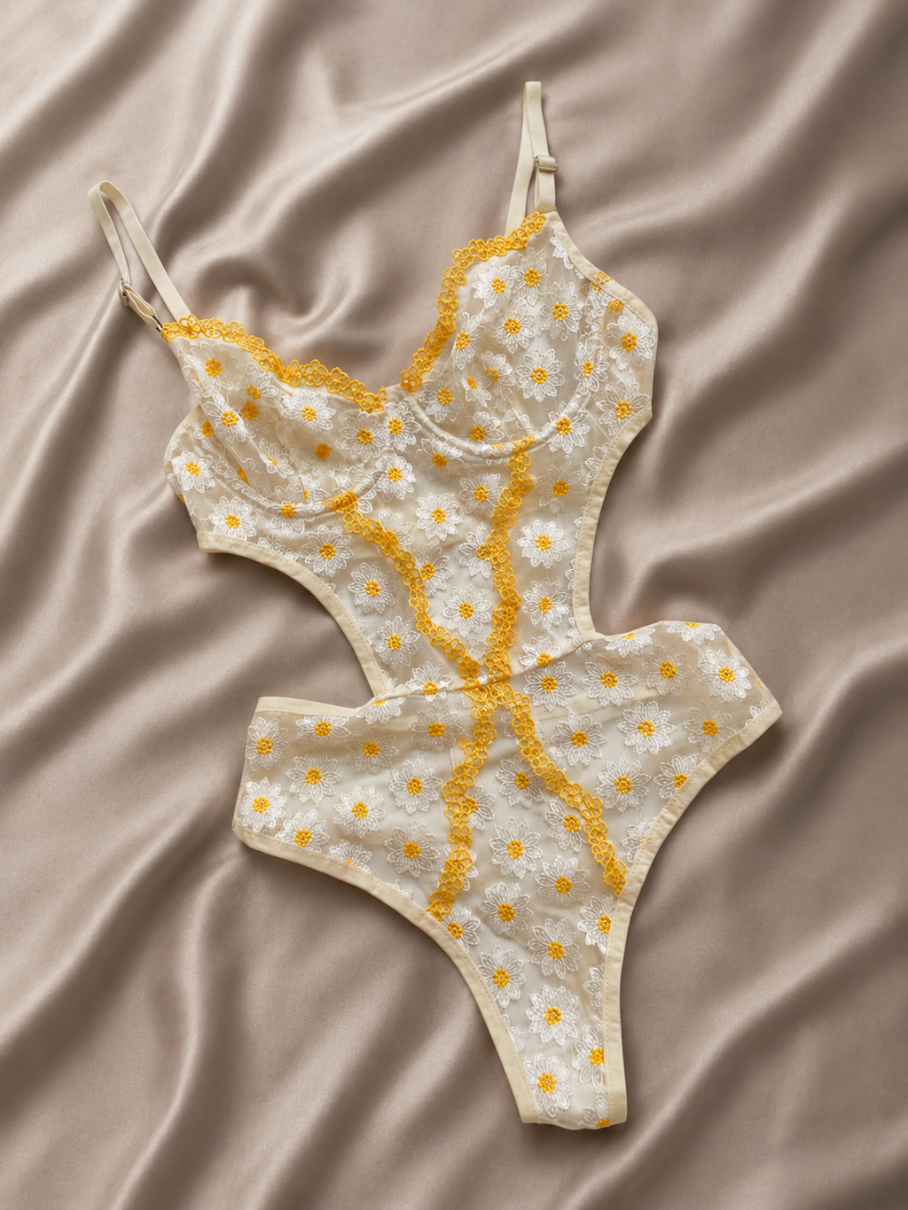 Papatya İşlemeli Transparan Bodysuit