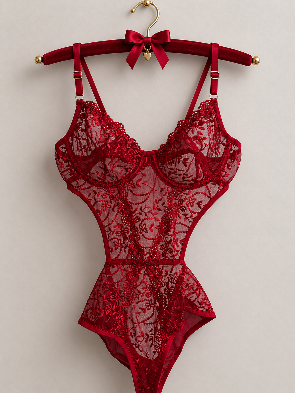 Kırmızı Floral Nakışlı Transparan Bodysuit