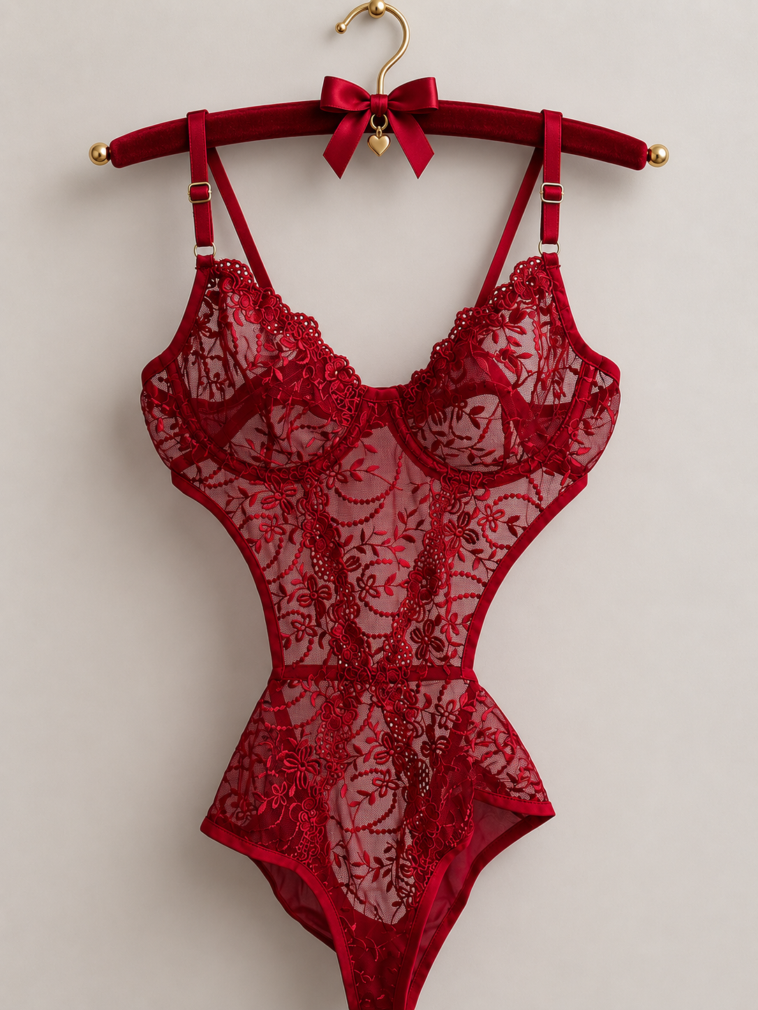 Kırmızı Floral Nakışlı Transparan Bodysuit