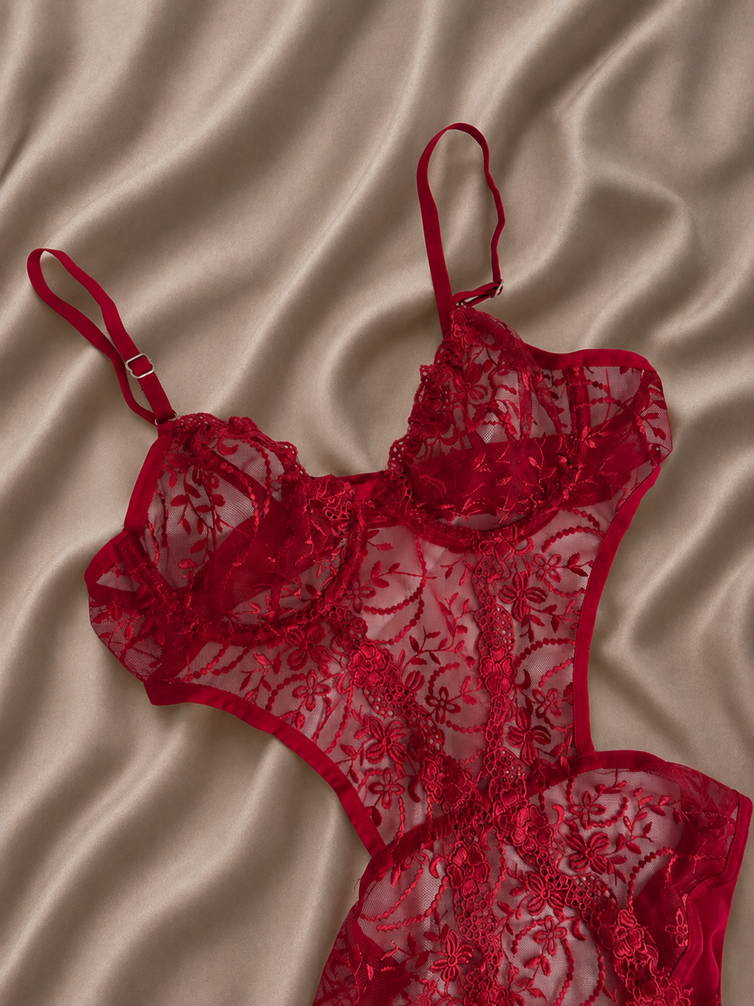 Kırmızı Floral Nakışlı Transparan Bodysuit