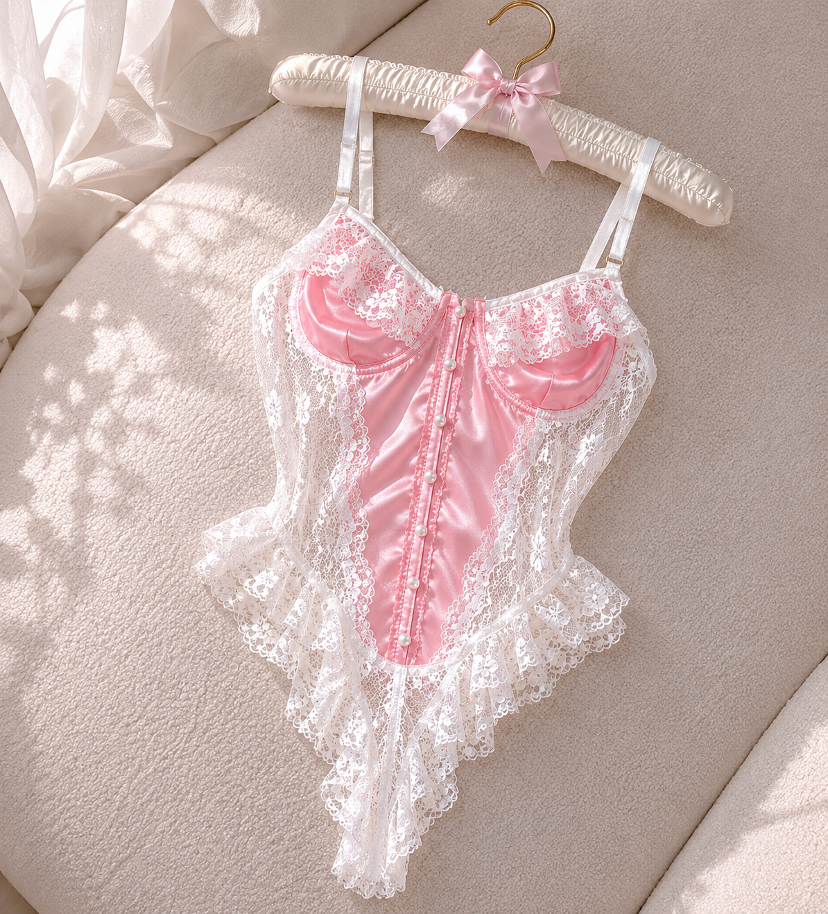 Pembe & Beyaz Dantel Fantezi Bodysuit