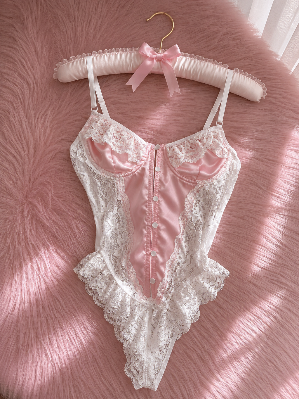 Pembe & Beyaz Dantel Fantezi Bodysuit