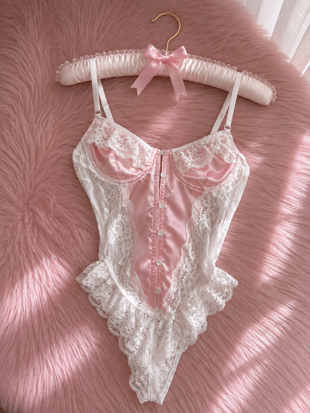 Pembe & Beyaz Dantel Fantezi Bodysuit