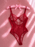 Kırmızı Kalp Desenli Transparan Bodysuit