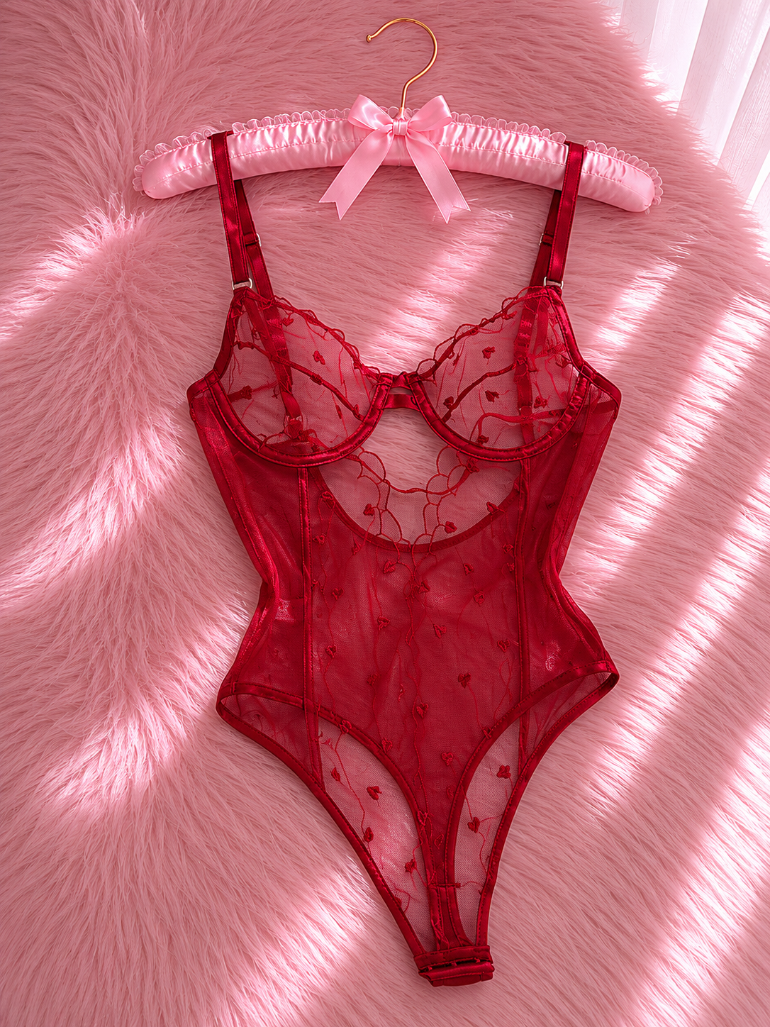 Kırmızı Kalp Desenli Transparan Bodysuit