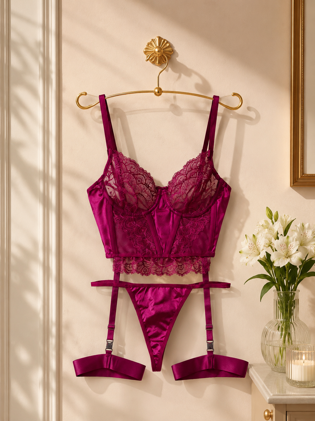 Fuşya Dantel Detaylı Jartiyer Set