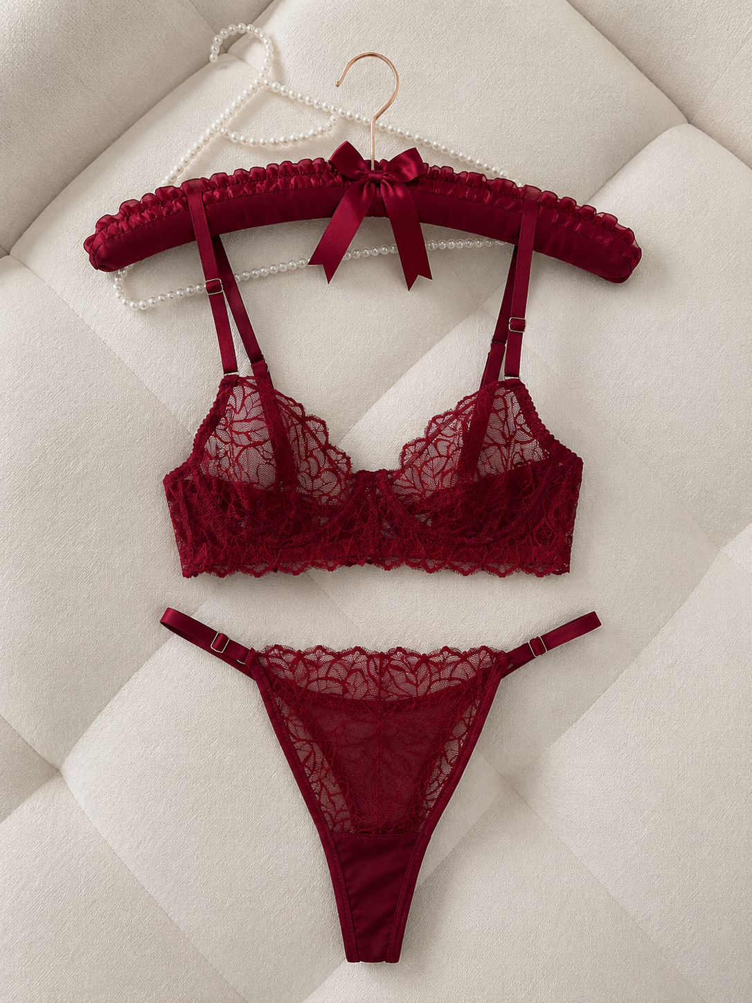 Bordo Yaprak Dantel Set