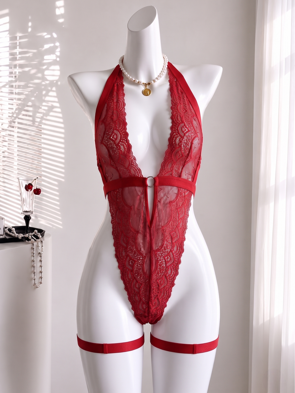Kırmızı Dantel Harness Teddy