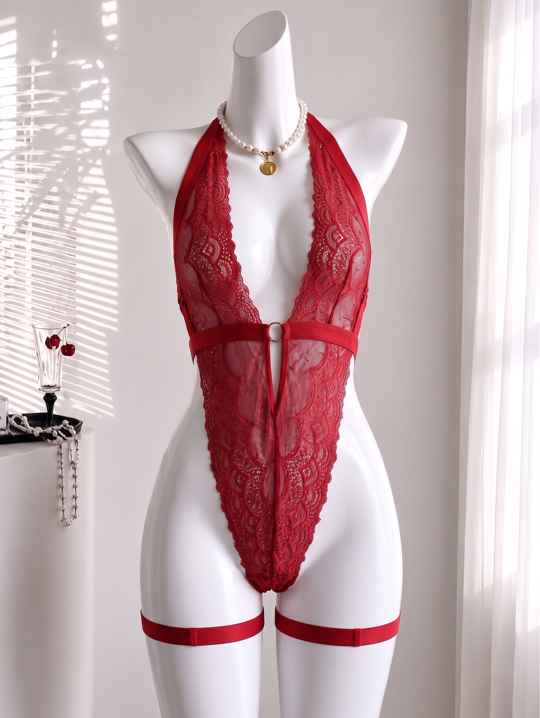 Kırmızı Dantel Harness Teddy