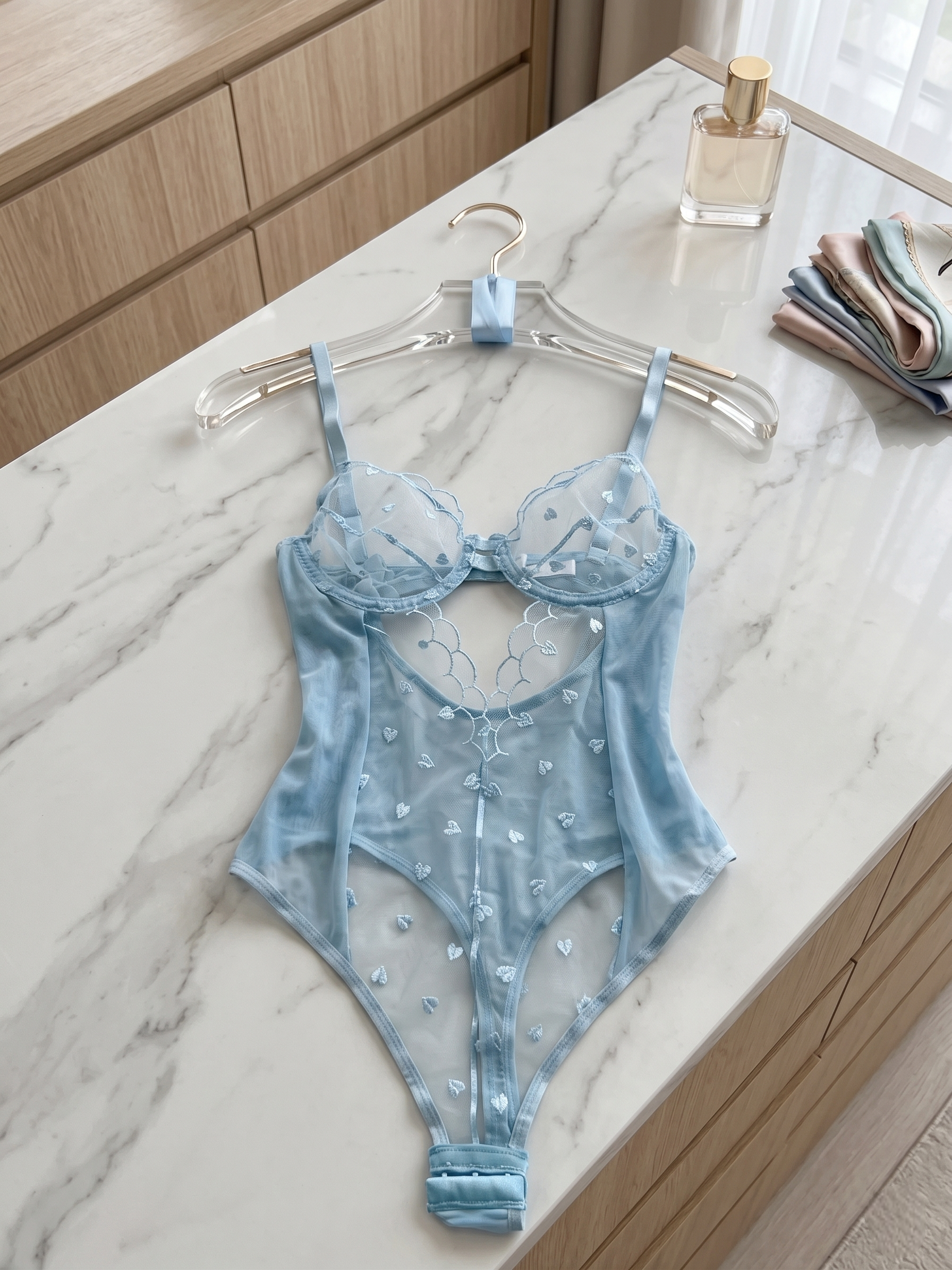 Bebek Mavisi Kalp Desenli Transparan Bodysuit