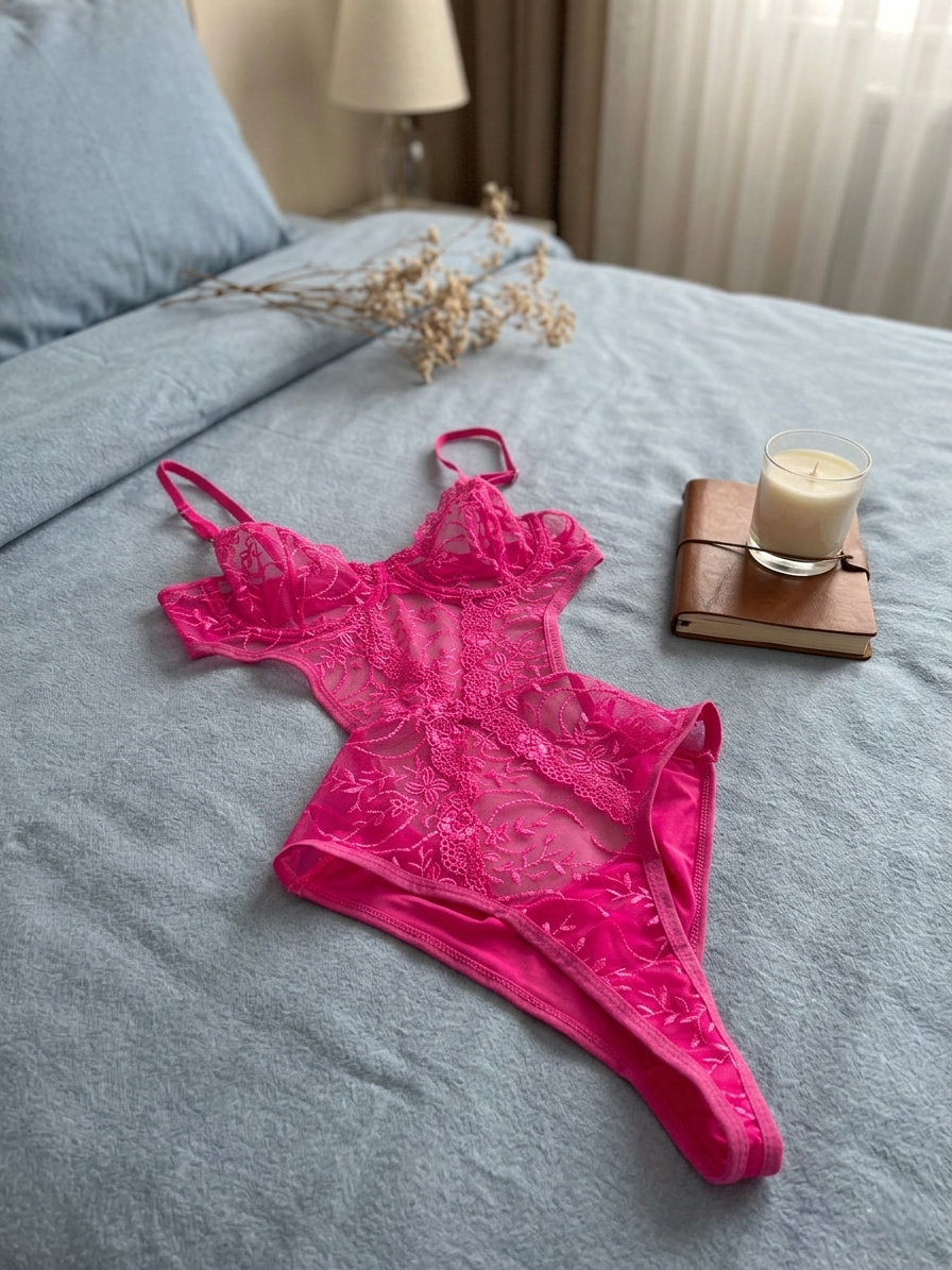Neon Fuşya Dantel Bodysuit
