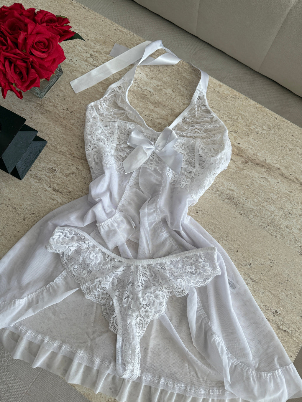 Beyaz Dantel Detaylı  Gecelik set