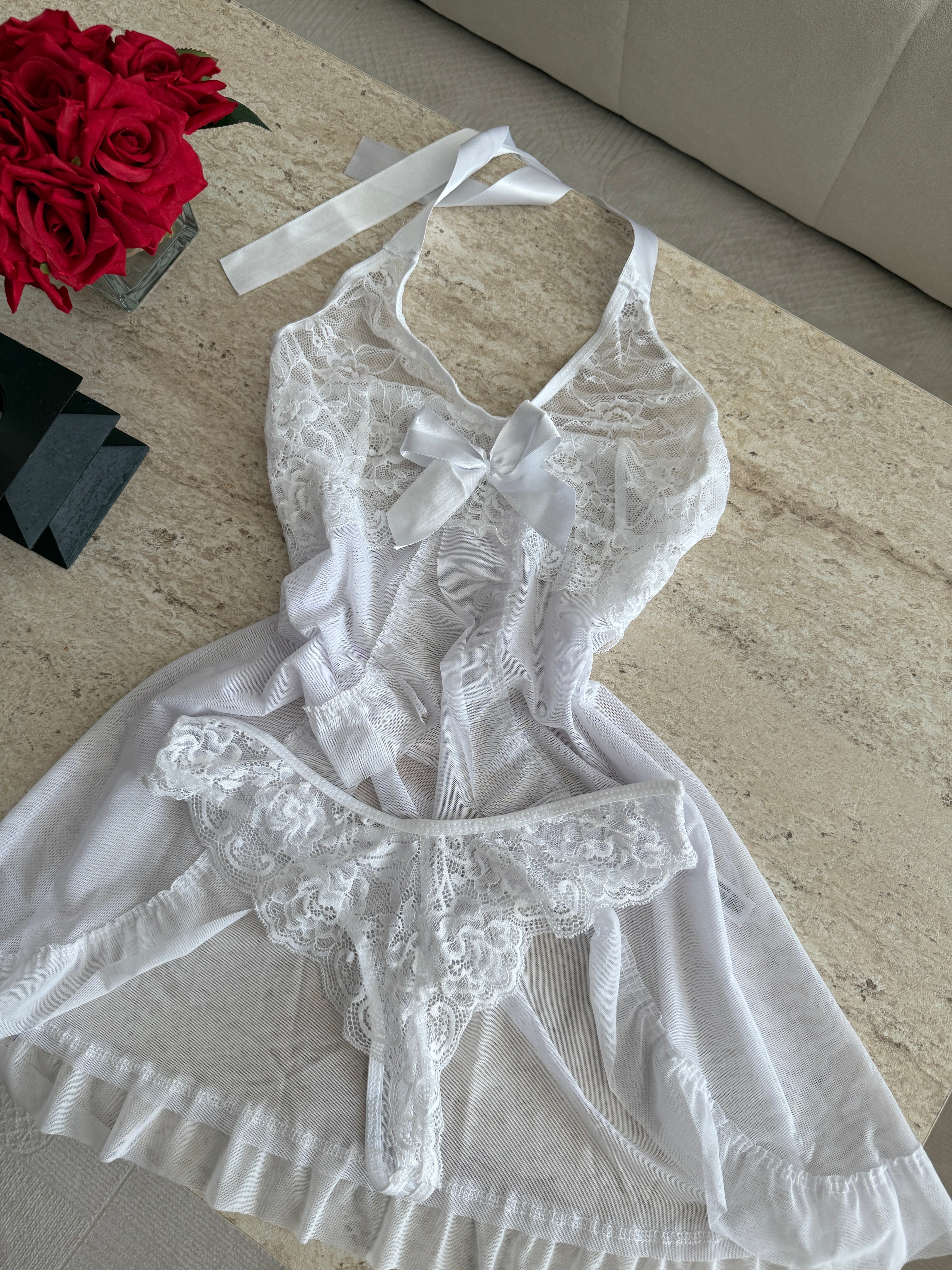 Beyaz Dantel Detaylı  Gecelik set