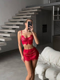 Kırmızı Dantel Bralet Etek Seti