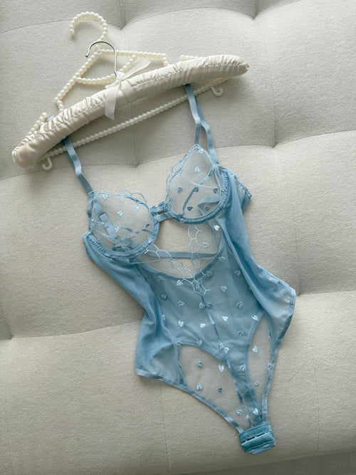 Bebek Mavisi Kalp Desenli Transparan Bodysuit