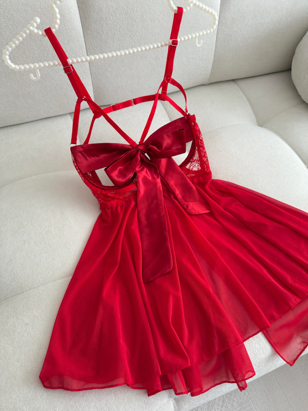 Kurdele Detaylı Kırmızı Babydoll